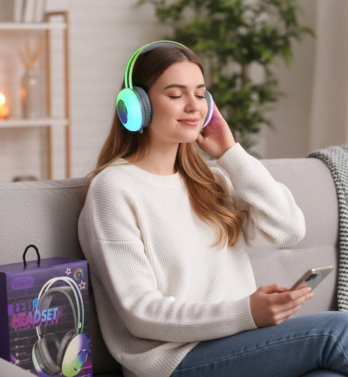 LED Wireless Headset with RGB side panels glowing, three-quarter view