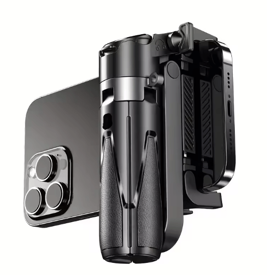 Mini Grip Quadripod — foldable quadruped phone stand with Bluetooth remote, front view